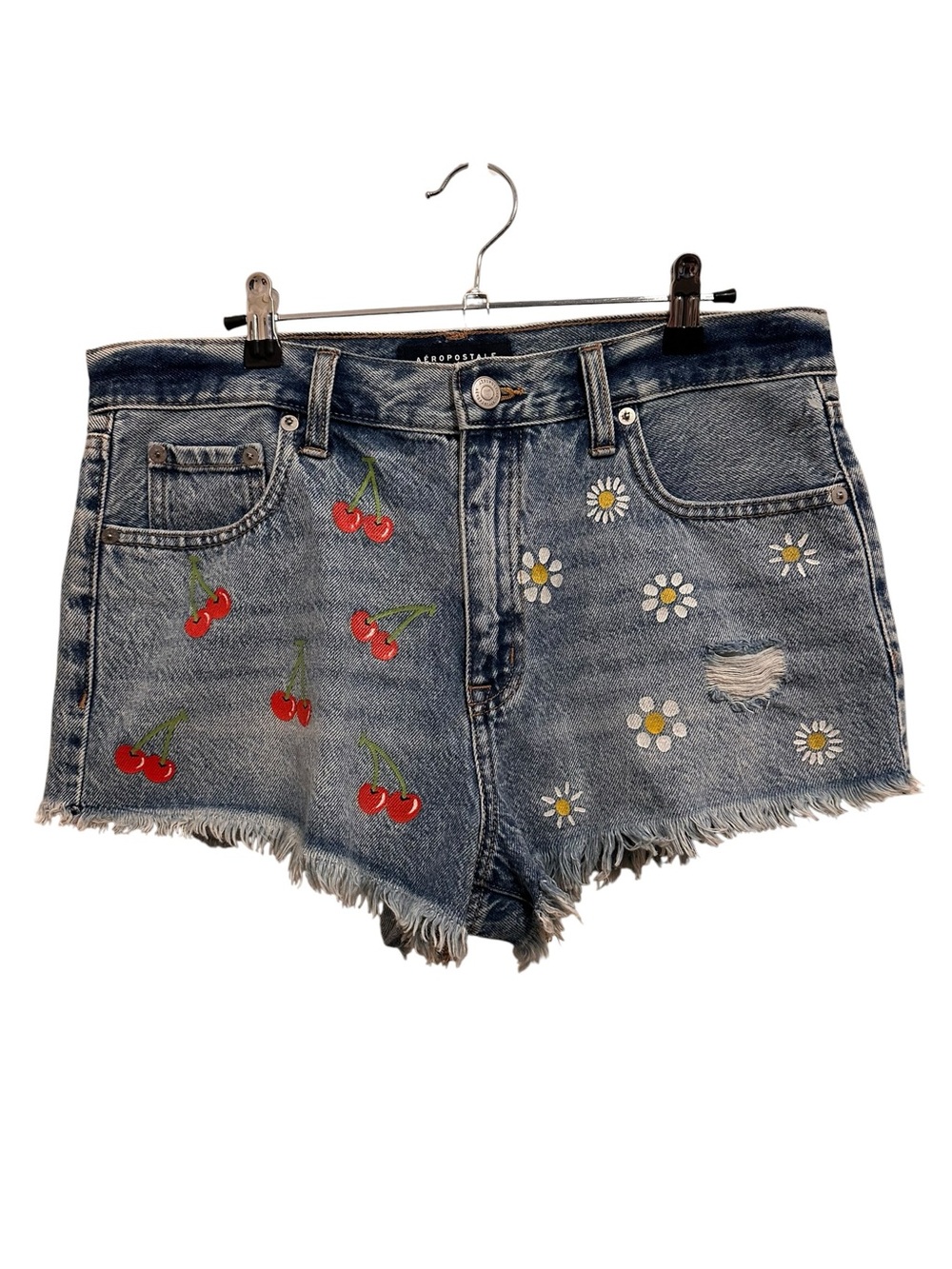 Aeropostale Red Cherry & White Daisy Embroidered Denim Shorts - Blue